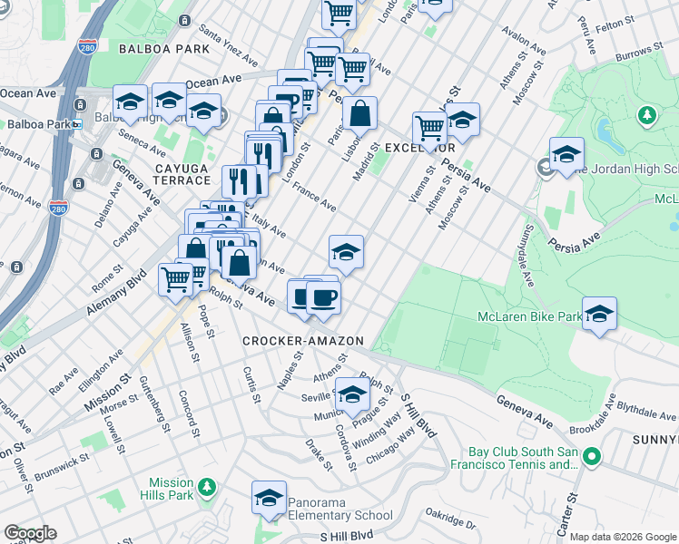 map of restaurants, bars, coffee shops, grocery stores, and more near 600 Italy Avenue in San Francisco
