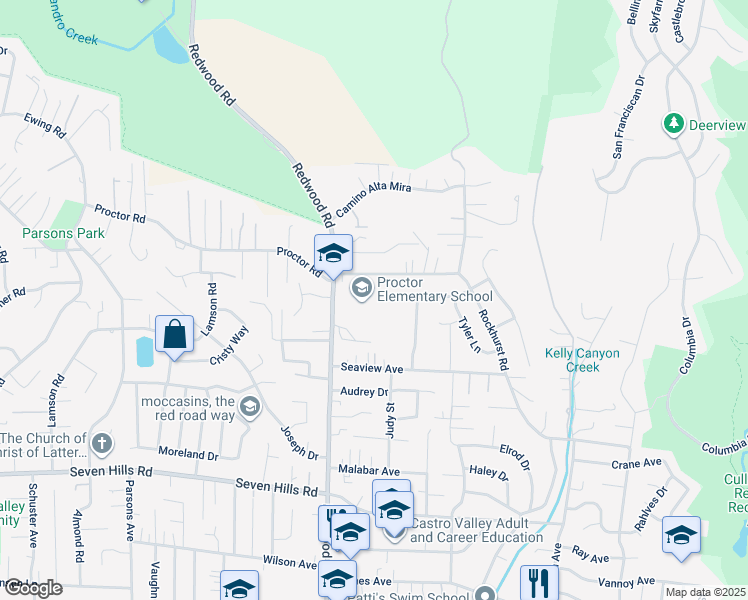 map of restaurants, bars, coffee shops, grocery stores, and more near 17520 Redwood Road in Castro Valley