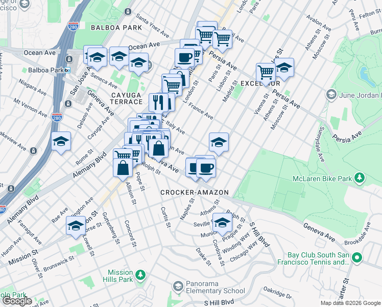 map of restaurants, bars, coffee shops, grocery stores, and more near 906 Madrid Street in San Francisco