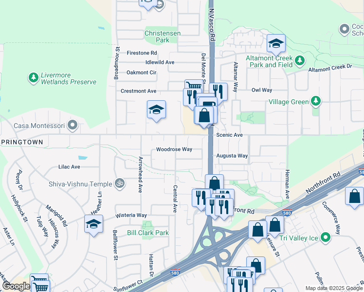 map of restaurants, bars, coffee shops, grocery stores, and more near 5740 Woodrose Way in Livermore