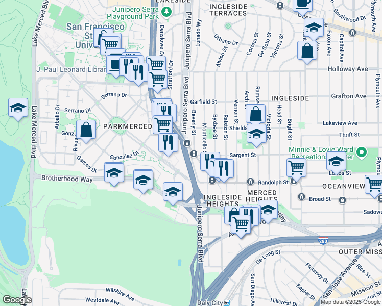 map of restaurants, bars, coffee shops, grocery stores, and more near 1101 Junipero Serra Boulevard in San Francisco