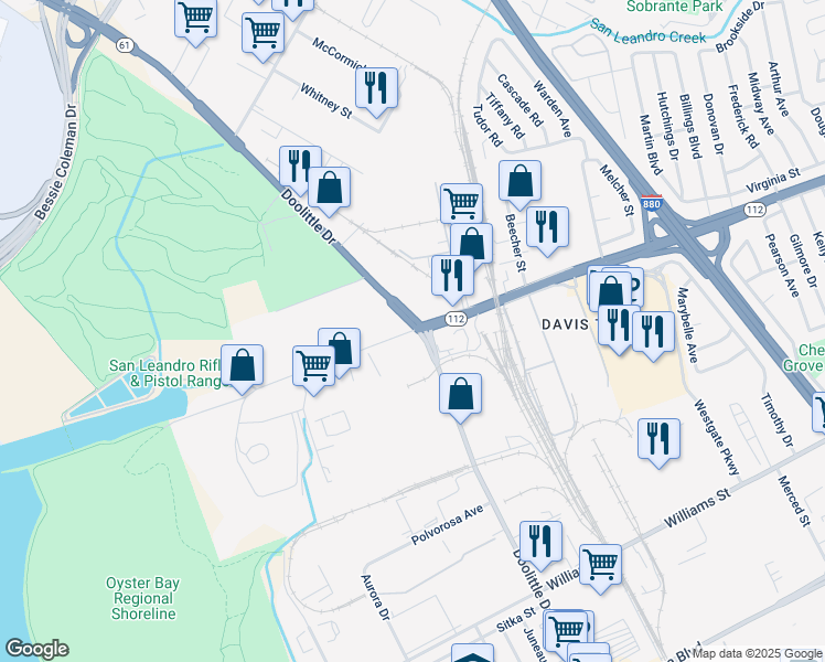 map of restaurants, bars, coffee shops, grocery stores, and more near 3000 Davis Street in San Leandro