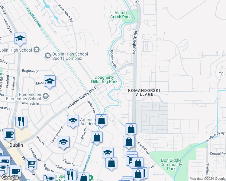 map of restaurants, bars, coffee shops, grocery stores, and more near 7052 Dublin Meadows Street in Dublin