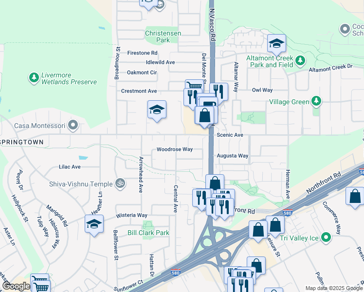 map of restaurants, bars, coffee shops, grocery stores, and more near 5740 Woodrose Way in Livermore