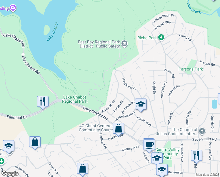 map of restaurants, bars, coffee shops, grocery stores, and more near 3554 Arcadian Court in Castro Valley
