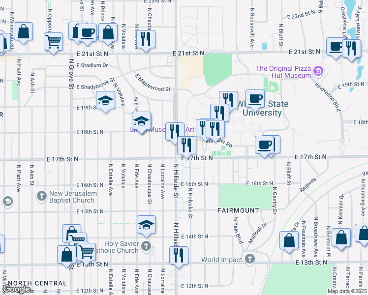 map of restaurants, bars, coffee shops, grocery stores, and more near in Wichita