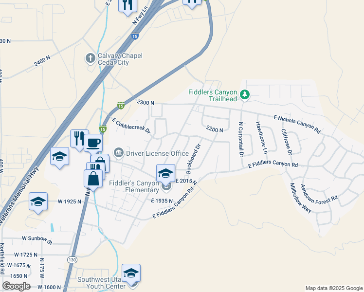 map of restaurants, bars, coffee shops, grocery stores, and more near 2134 North Sawmill Street in Cedar City