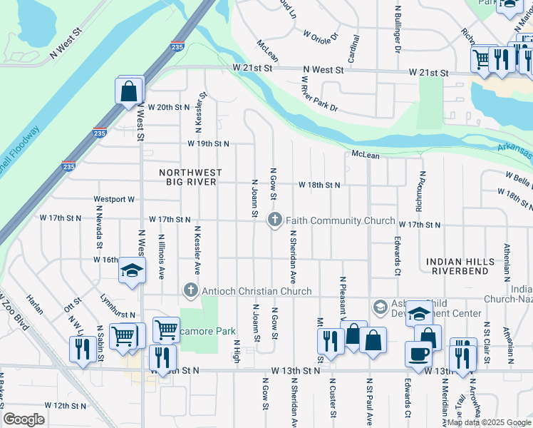 map of restaurants, bars, coffee shops, grocery stores, and more near 1802 N Gow St in Wichita