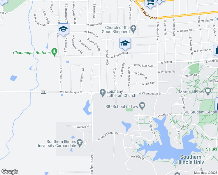 map of restaurants, bars, coffee shops, grocery stores, and more near 1005 South Skyline Drive in Carbondale