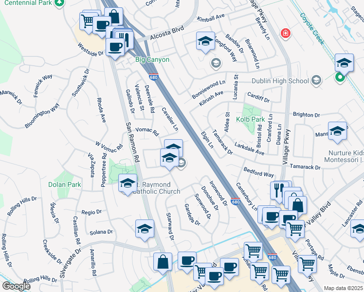 map of restaurants, bars, coffee shops, grocery stores, and more near 7656 Millbrook Avenue in Dublin