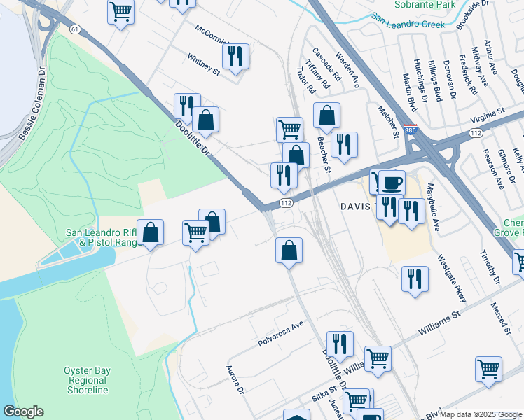 map of restaurants, bars, coffee shops, grocery stores, and more near 1001 Doolittle Drive in San Leandro