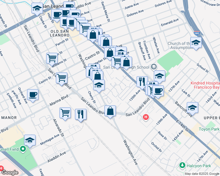 map of restaurants, bars, coffee shops, grocery stores, and more near 2316 Heathrow Place in San Leandro