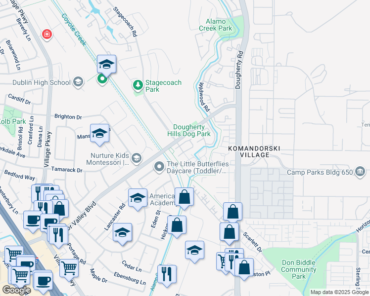 map of restaurants, bars, coffee shops, grocery stores, and more near 6574 Conestoga Lane in Dublin