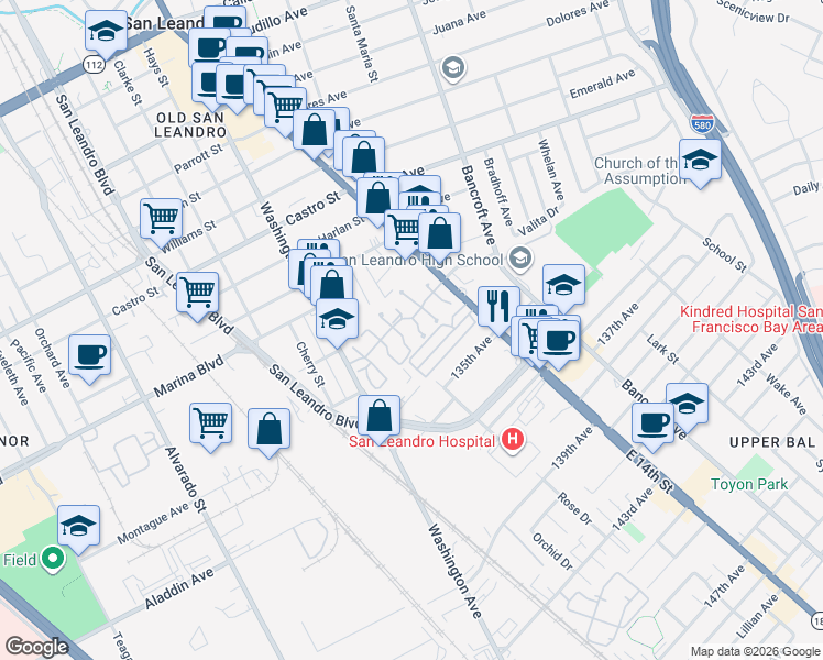 map of restaurants, bars, coffee shops, grocery stores, and more near 2455 Dundee Court in San Leandro