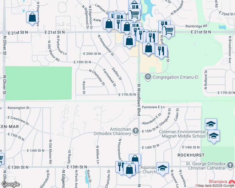 map of restaurants, bars, coffee shops, grocery stores, and more near 6117 East 17th Street North in Wichita
