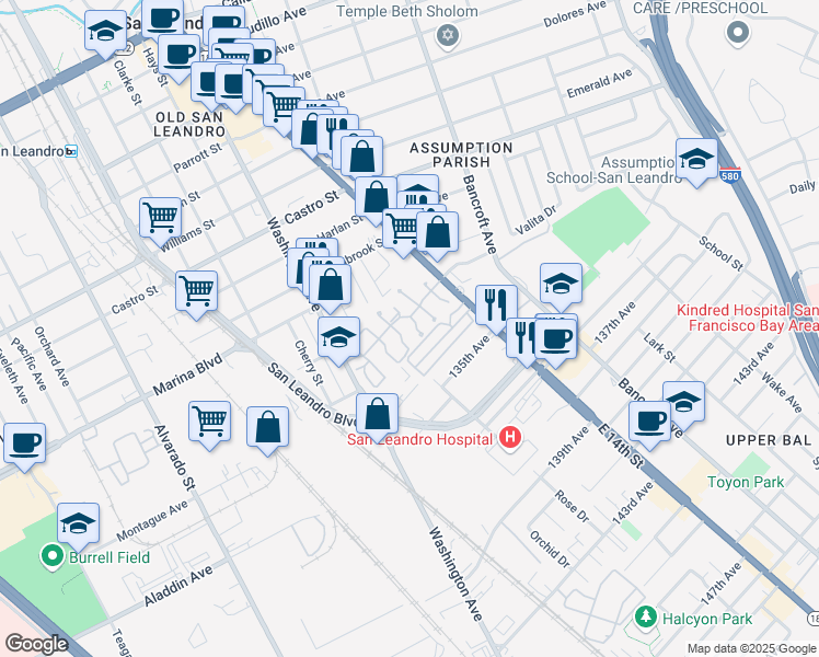 map of restaurants, bars, coffee shops, grocery stores, and more near 2455 Dundee Court in San Leandro
