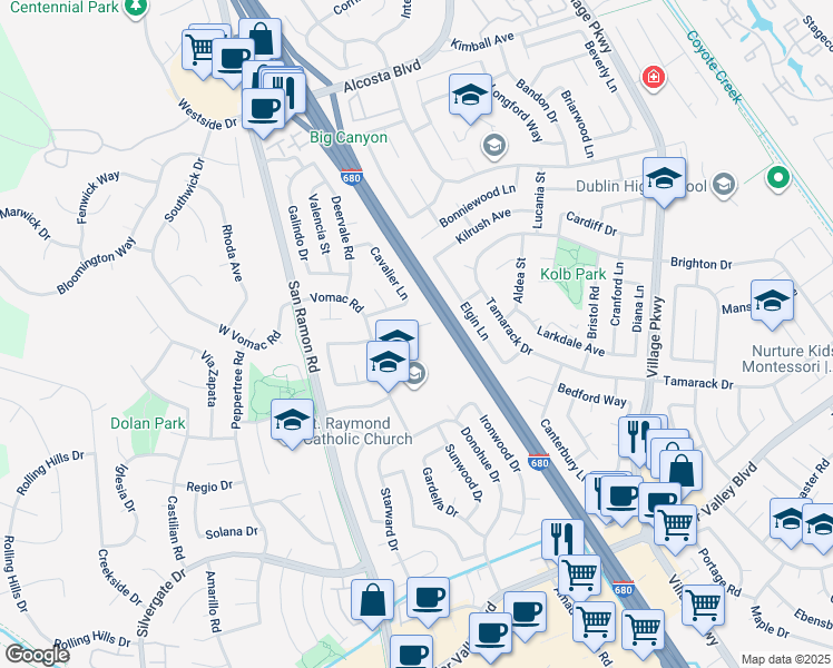 map of restaurants, bars, coffee shops, grocery stores, and more near 7656 Millbrook Avenue in Dublin