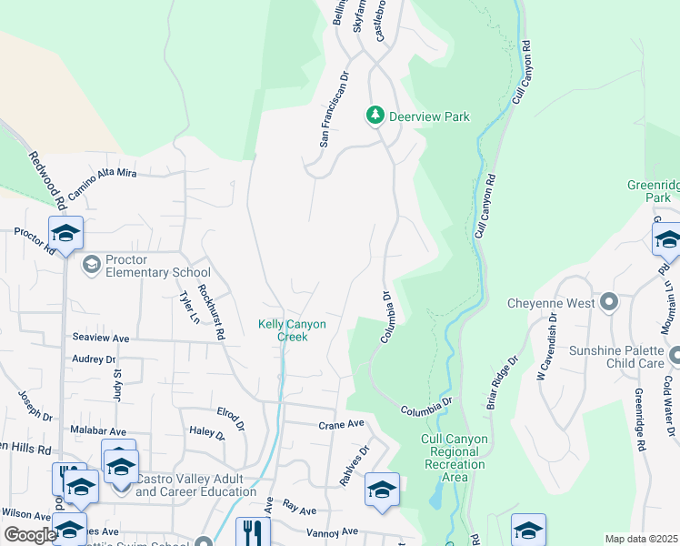 map of restaurants, bars, coffee shops, grocery stores, and more near 18025 Center Street in Castro Valley