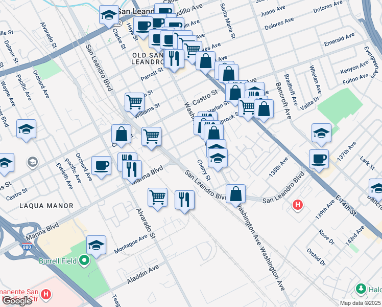 map of restaurants, bars, coffee shops, grocery stores, and more near 2219 Cherry Street in San Leandro