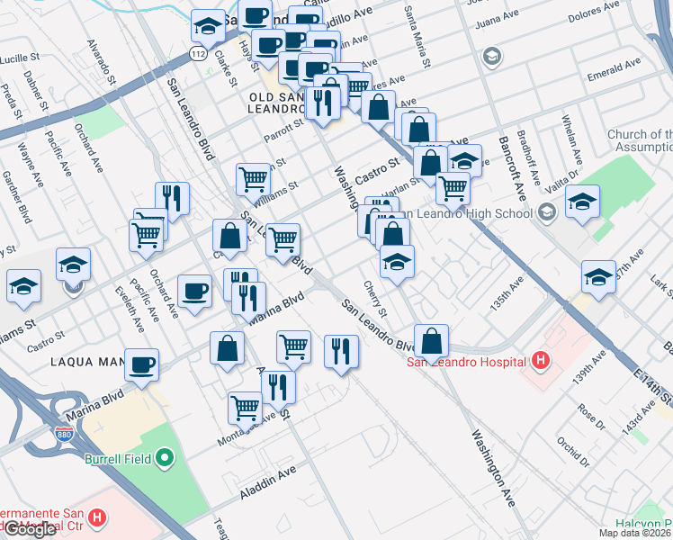 map of restaurants, bars, coffee shops, grocery stores, and more near 2185 Clarke Street in San Leandro