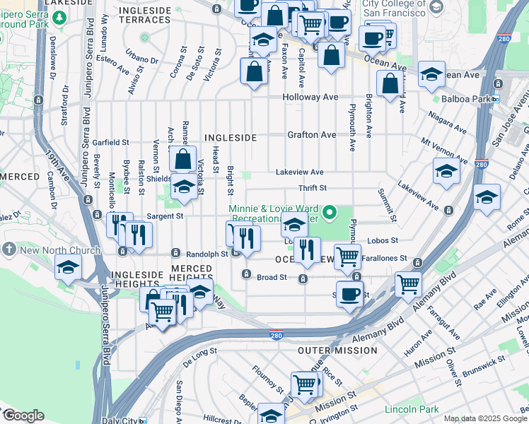 map of restaurants, bars, coffee shops, grocery stores, and more near 268 Minerva Street in San Francisco