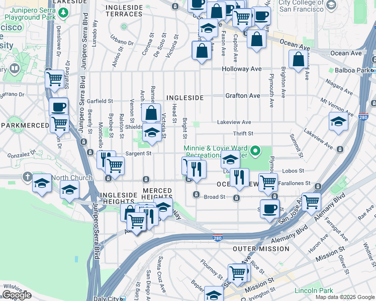map of restaurants, bars, coffee shops, grocery stores, and more near 15 Sargent Street in San Francisco