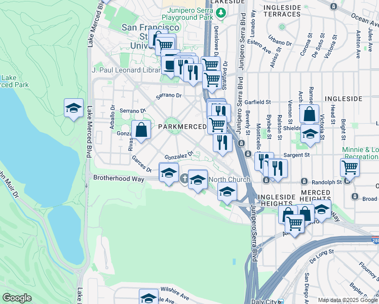 map of restaurants, bars, coffee shops, grocery stores, and more near 357 Gonzalez Drive in San Francisco