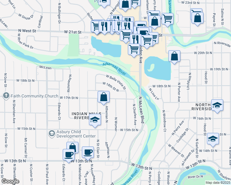 map of restaurants, bars, coffee shops, grocery stores, and more near 2142 W 17th St N in Wichita