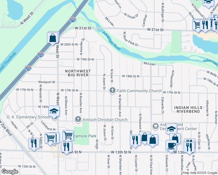map of restaurants, bars, coffee shops, grocery stores, and more near 1802 N Gow St in Wichita