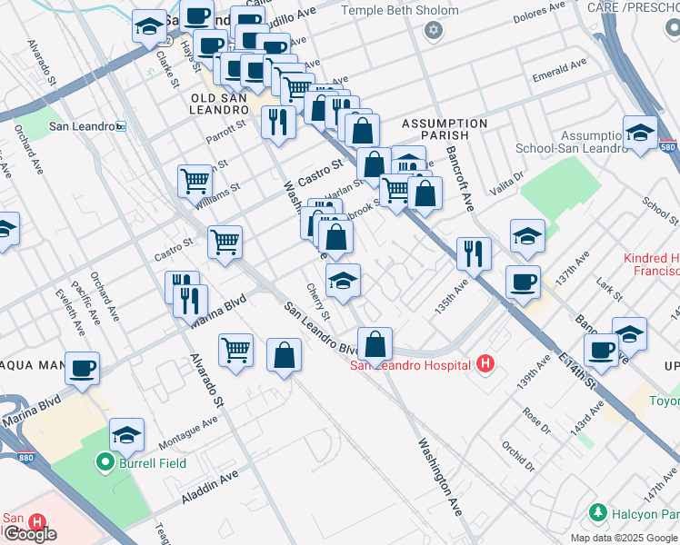 map of restaurants, bars, coffee shops, grocery stores, and more near 2251 Washington Avenue in San Leandro
