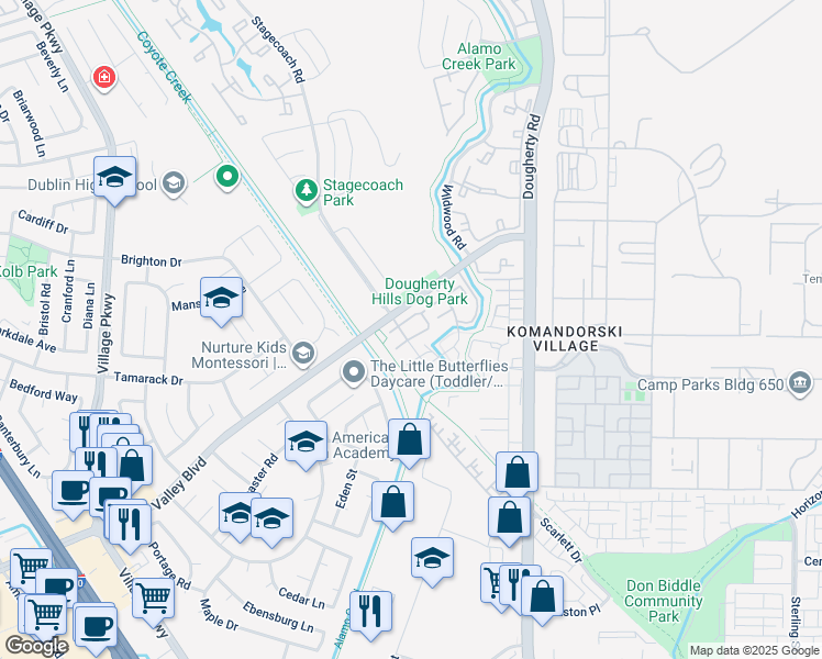 map of restaurants, bars, coffee shops, grocery stores, and more near 6574 Conestoga Lane in Dublin