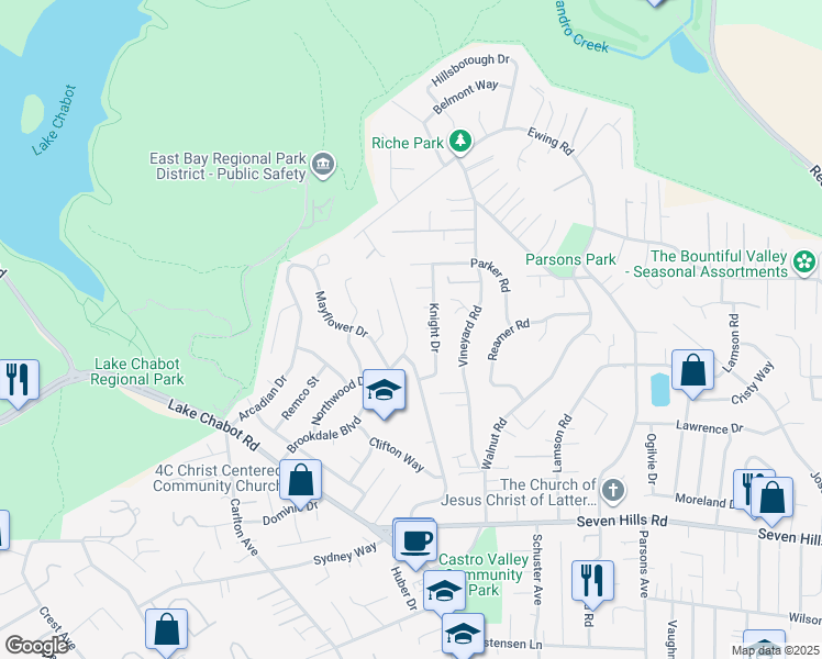 map of restaurants, bars, coffee shops, grocery stores, and more near 3833 Brookdale Boulevard in Castro Valley
