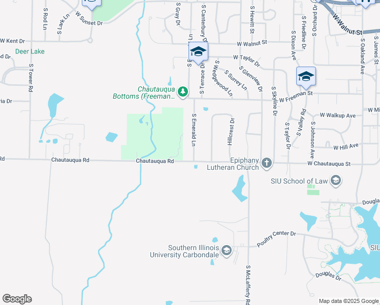 map of restaurants, bars, coffee shops, grocery stores, and more near 1028 South Emerald Lane in Carbondale