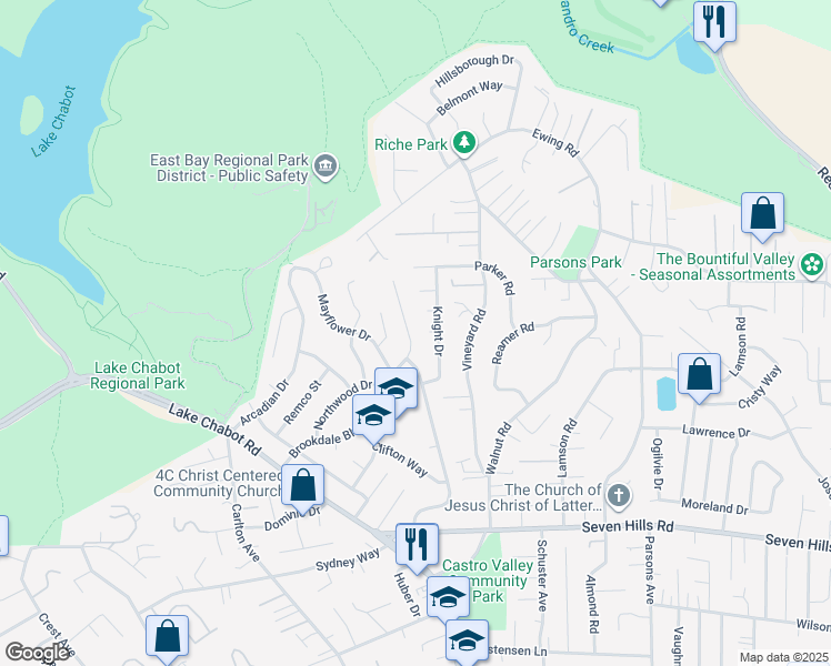 map of restaurants, bars, coffee shops, grocery stores, and more near 3833 Brookdale Boulevard in Castro Valley