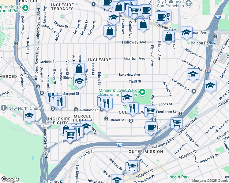 map of restaurants, bars, coffee shops, grocery stores, and more near 268 Minerva Street in San Francisco