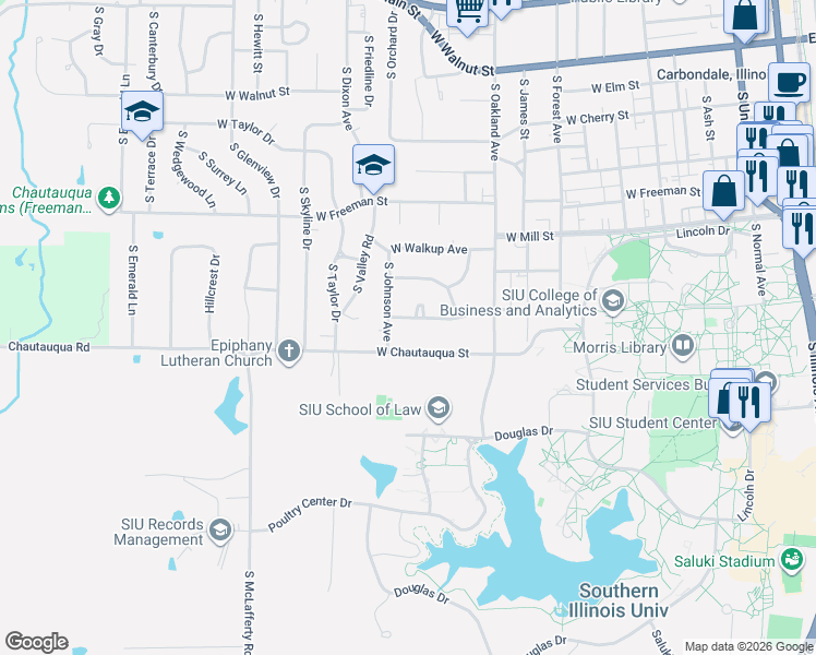 map of restaurants, bars, coffee shops, grocery stores, and more near 1003 South Johnson Avenue in Carbondale