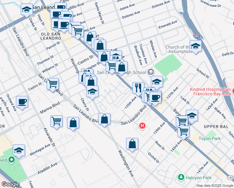 map of restaurants, bars, coffee shops, grocery stores, and more near 2460 Dundee Court in San Leandro