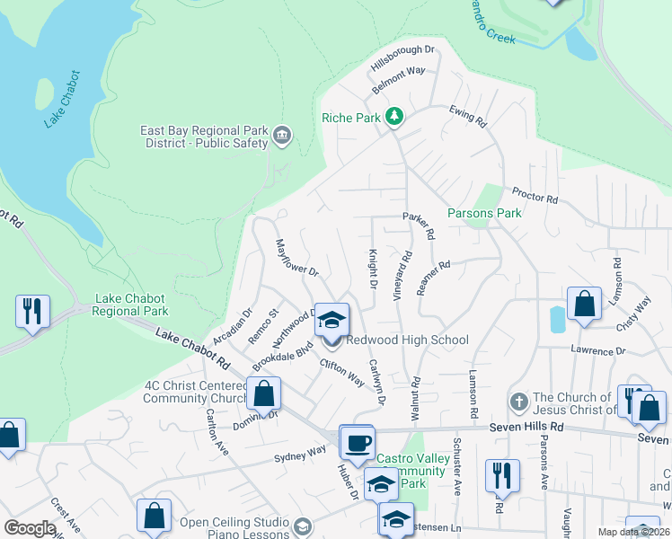 map of restaurants, bars, coffee shops, grocery stores, and more near 17658 Garland Court in Castro Valley