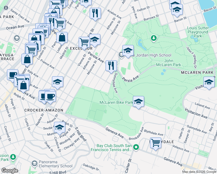 map of restaurants, bars, coffee shops, grocery stores, and more near 634 La Grande Avenue in San Francisco