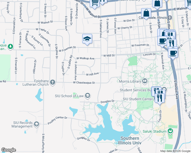 map of restaurants, bars, coffee shops, grocery stores, and more near 1100-1210 W Chautauqua St in Carbondale