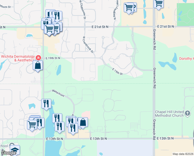 map of restaurants, bars, coffee shops, grocery stores, and more near 1826 North Cranbrook Street in Wichita