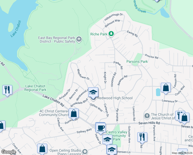 map of restaurants, bars, coffee shops, grocery stores, and more near 17670 Garland Court in Castro Valley