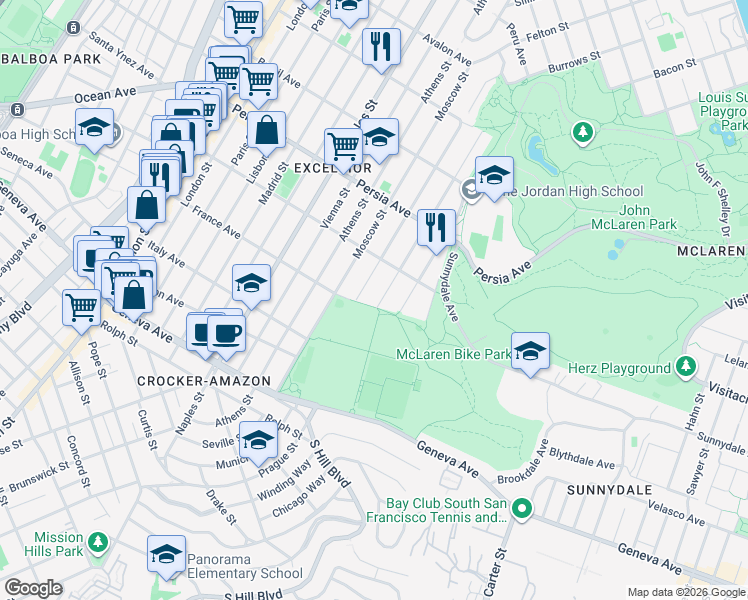 map of restaurants, bars, coffee shops, grocery stores, and more near 591 Munich Street in San Francisco
