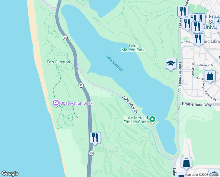 map of restaurants, bars, coffee shops, grocery stores, and more near 663 John Muir Drive in San Francisco