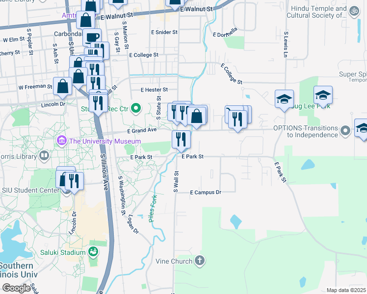 map of restaurants, bars, coffee shops, grocery stores, and more near 614 East Park Street in Carbondale