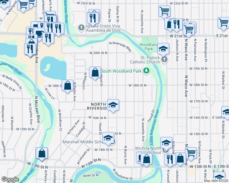 map of restaurants, bars, coffee shops, grocery stores, and more near 1822 North Salina Avenue in Wichita