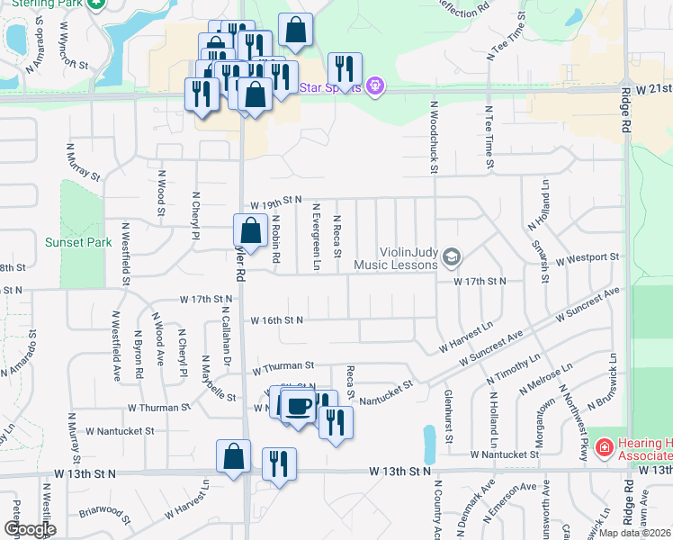 map of restaurants, bars, coffee shops, grocery stores, and more near 8405 West 17th Street North in Wichita