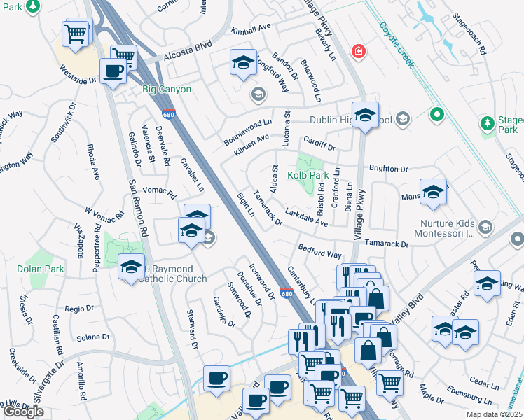 map of restaurants, bars, coffee shops, grocery stores, and more near 8088 Tamarack Drive in Dublin