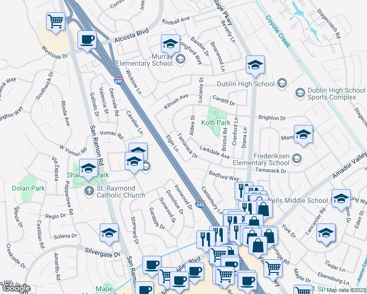 map of restaurants, bars, coffee shops, grocery stores, and more near 8088 Tamarack Drive in Dublin
