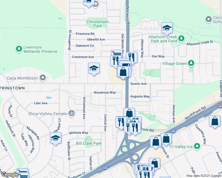 map of restaurants, bars, coffee shops, grocery stores, and more near 1256 Hyacinth Court in Livermore